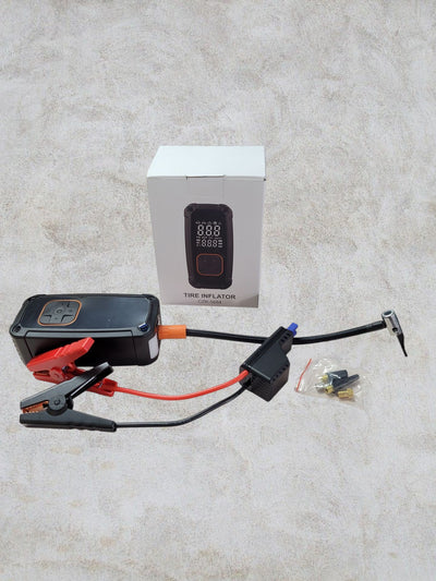 Lithium powered tyre inflator & jump starter with emergency light and power bank