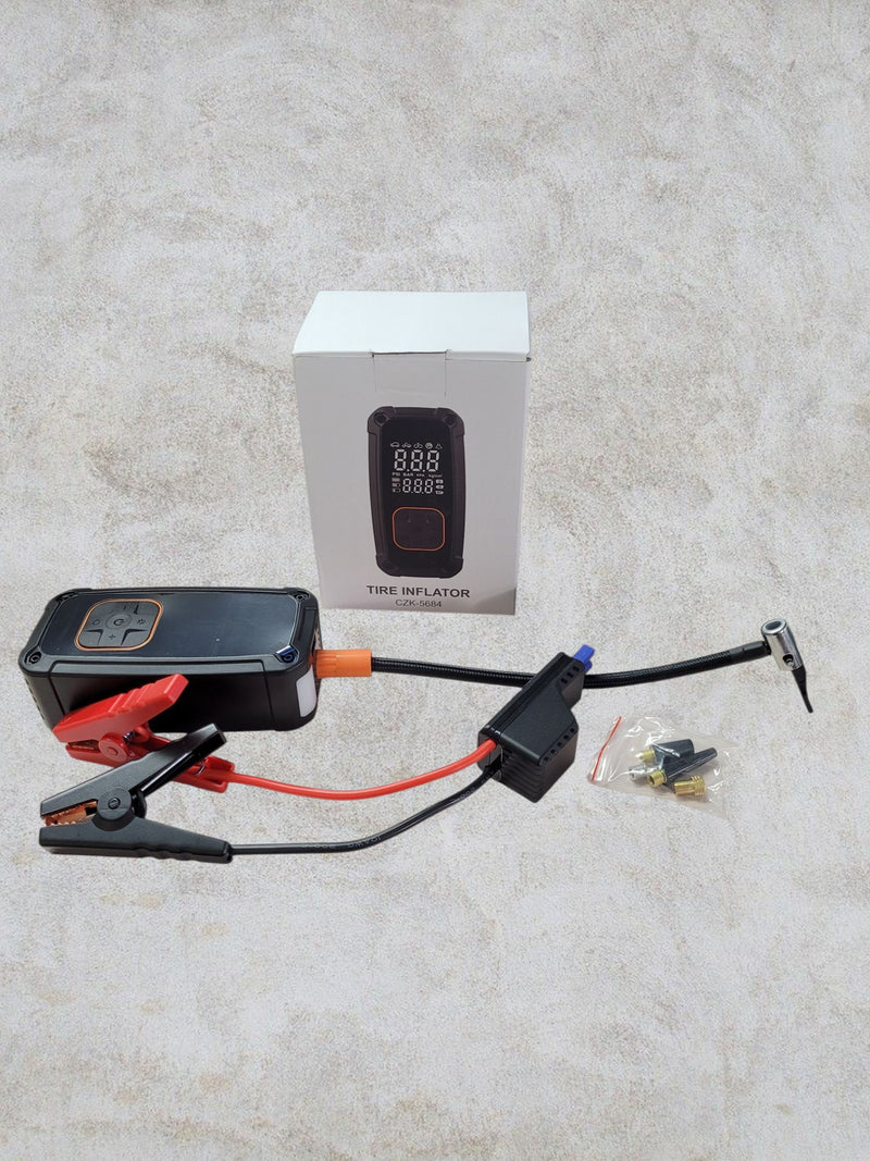 Lithium powered tyre inflator & jump starter with emergency light and power bank