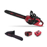 Red and black Powerworks chainsaw with accessories on a white background
