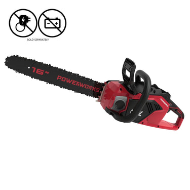 Red and black chainsaw with 'Powerworks' branding on a white background